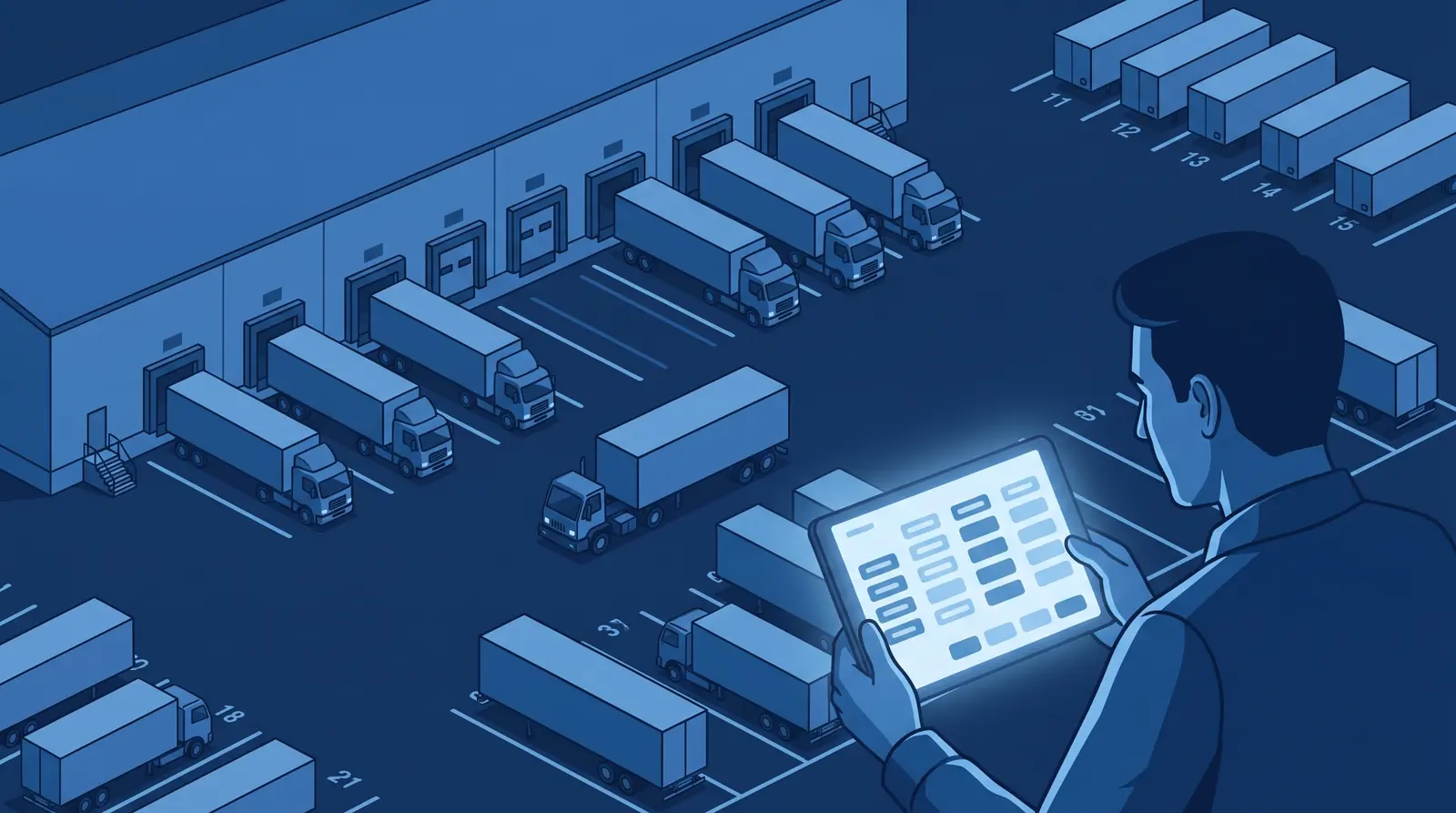 Elevated view of dock doors, trucks and numbered yard spots, with a supervisor holding a tablet