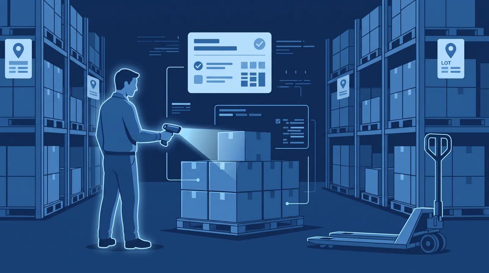 Warehouse worker scanning a pallet next to racks with location and lot labels