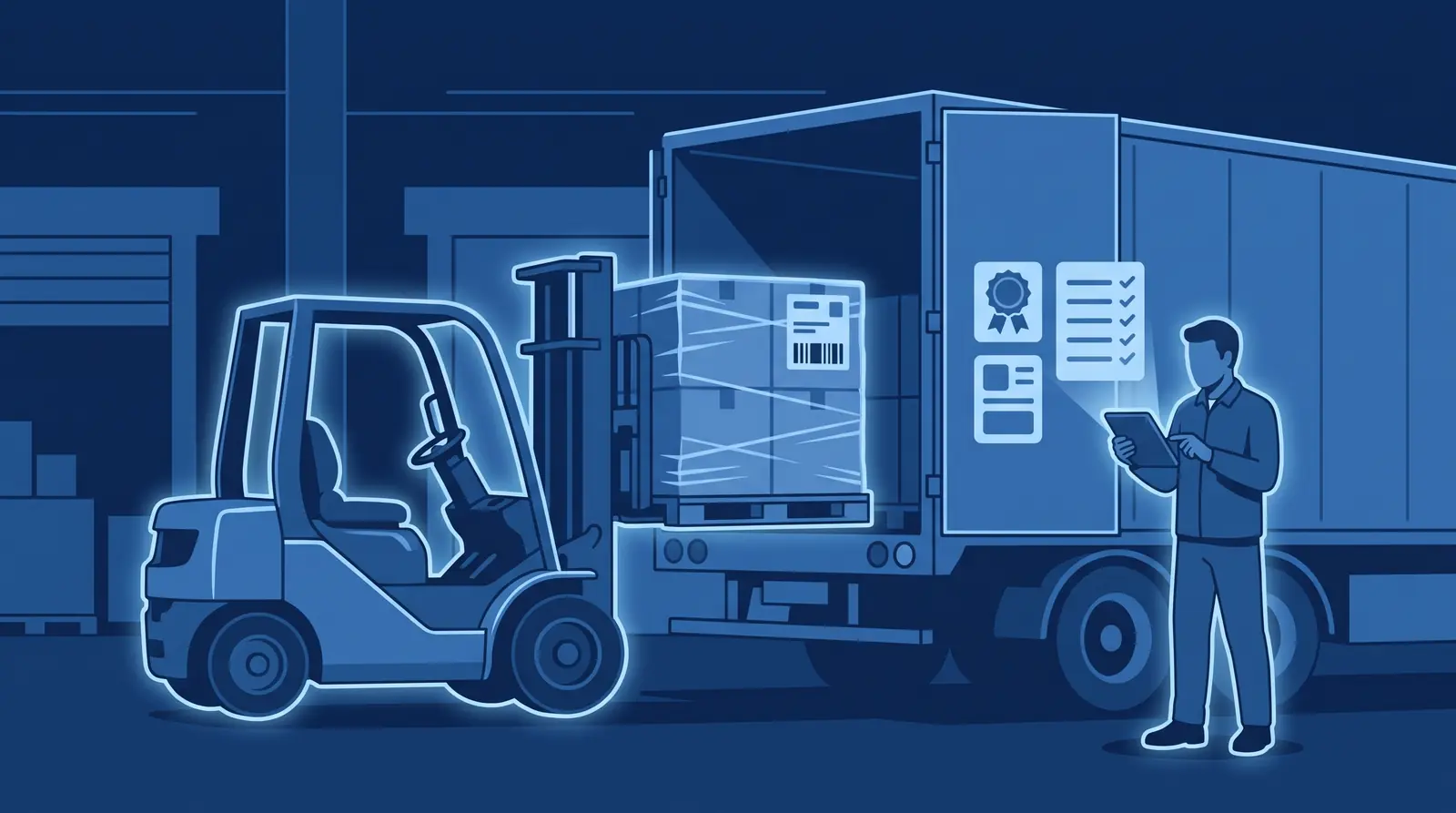 Forklift loading a wrapped pallet into a trailer while a worker checks the shipping document