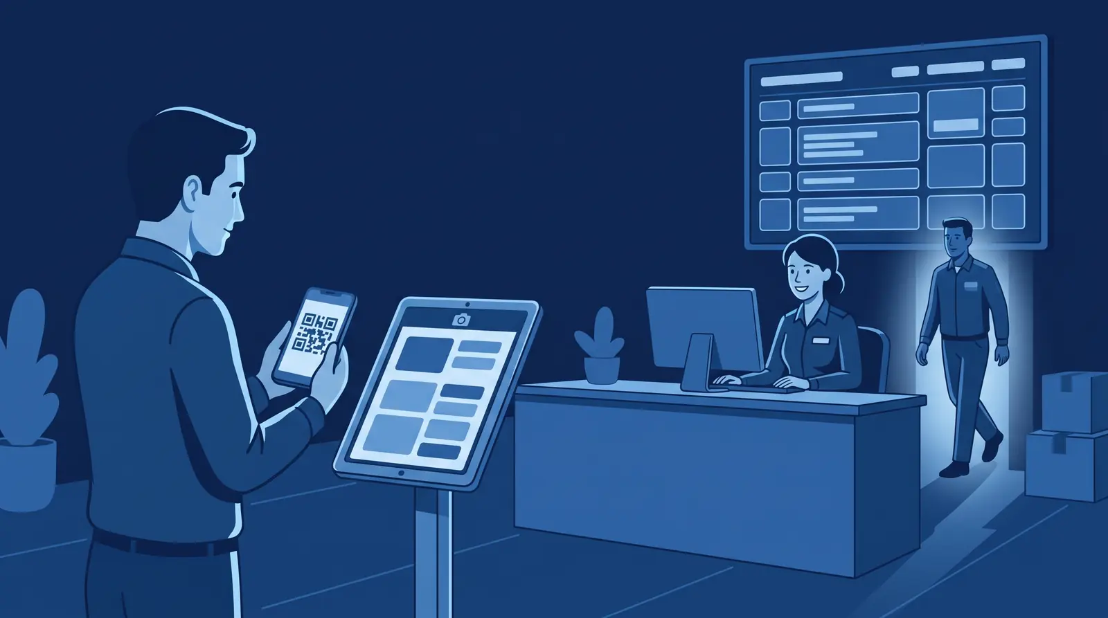 Visitor checking in on a tablet kiosk with a QR code on their phone while reception looks on