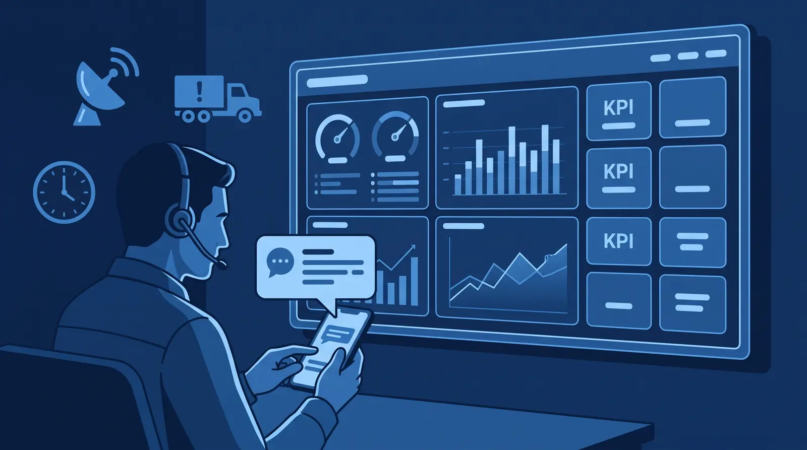 Analytics wall with gauges and charts while a manager receives an alert on their phone